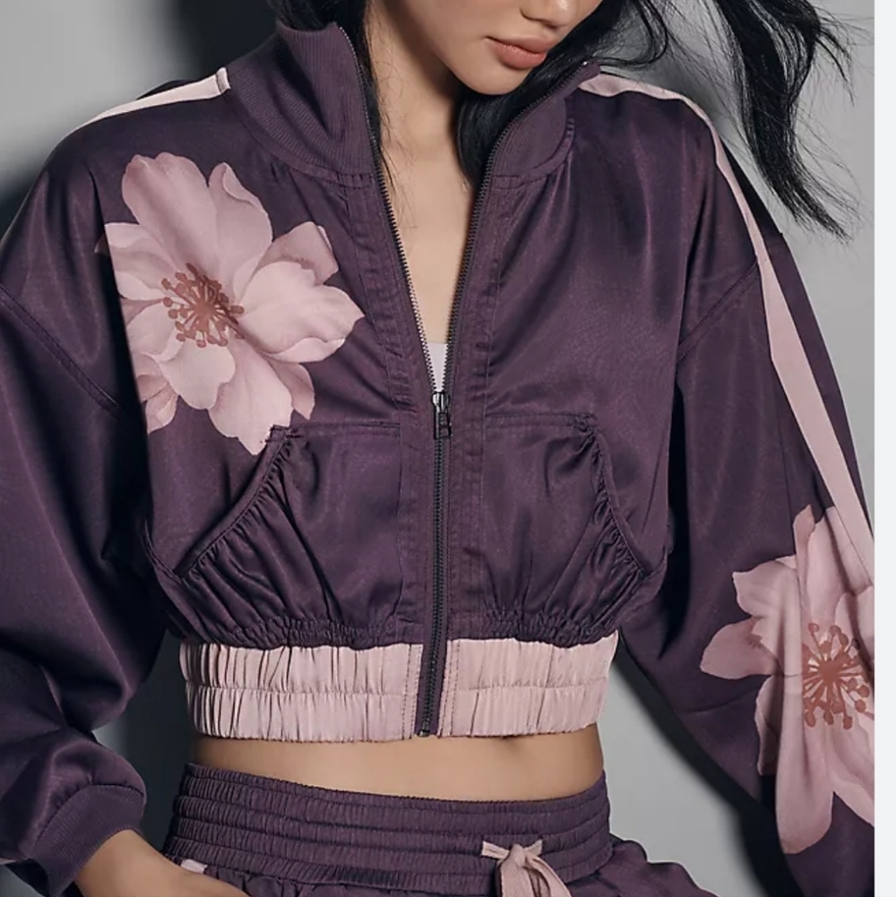 Purple Satinny Floral Crop Bomber Jacket w/wideleg Track Pant match L - Picture 4 of 8